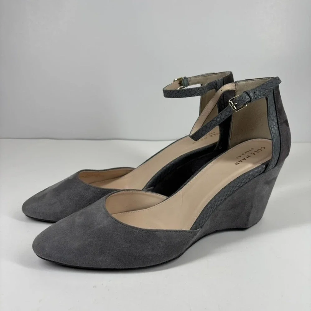 Cole Haan Lara Women's US 11 Grey Suede‎ Comfort Casual Ankle Strap Wedge Pumps